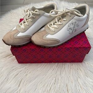 Tory Burch White and Beige Suede-Trim Low-Top Sneakers